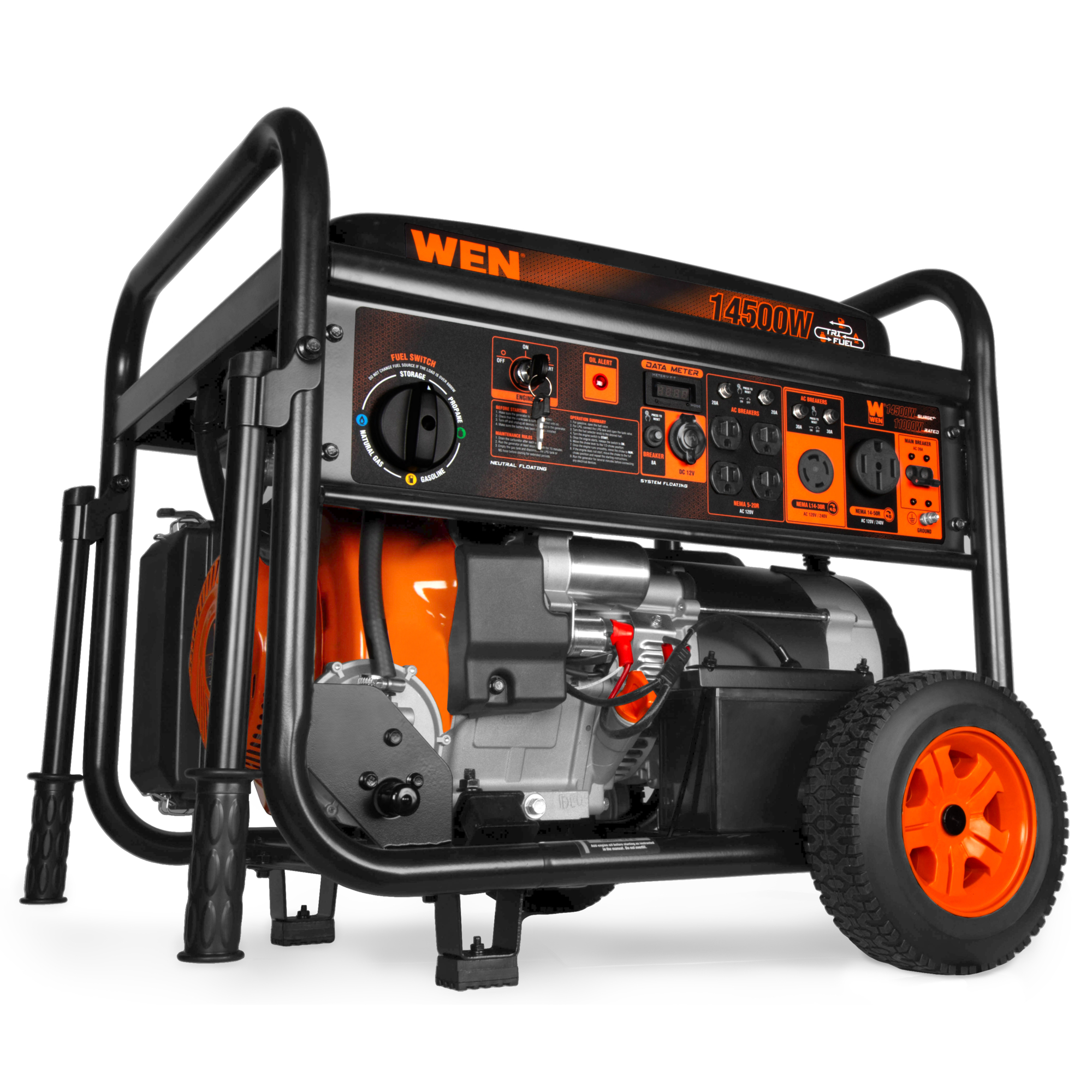 WEN TF-1450 14,500-Watt 120V/240V Tri-Fuel Generator for Gas, Propane, and Natural Gas, Transfer-Switch Ready with Electric Start and Wheel Kit